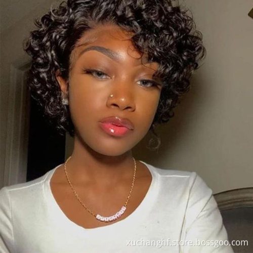 Wholesale Vendors 10A Virgin Cut Short Bob Lace Frontal Pixie Curls Wig, Deep Water Wave Pre Plucked Lace Front Human Hair Wigs